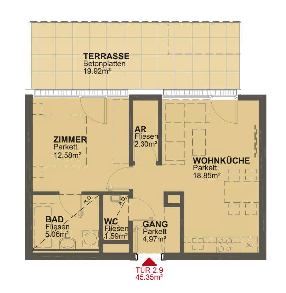 2 Zimmer Wohnung mit 19m² Terrasse mit Blick in den Innenhof