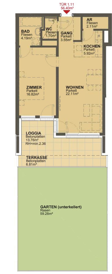 2 Zimmer Gartenwohnung mit 70m² Eigengarten - Maximilian-Reichweg 3 - nähe Marchfeldkanal 